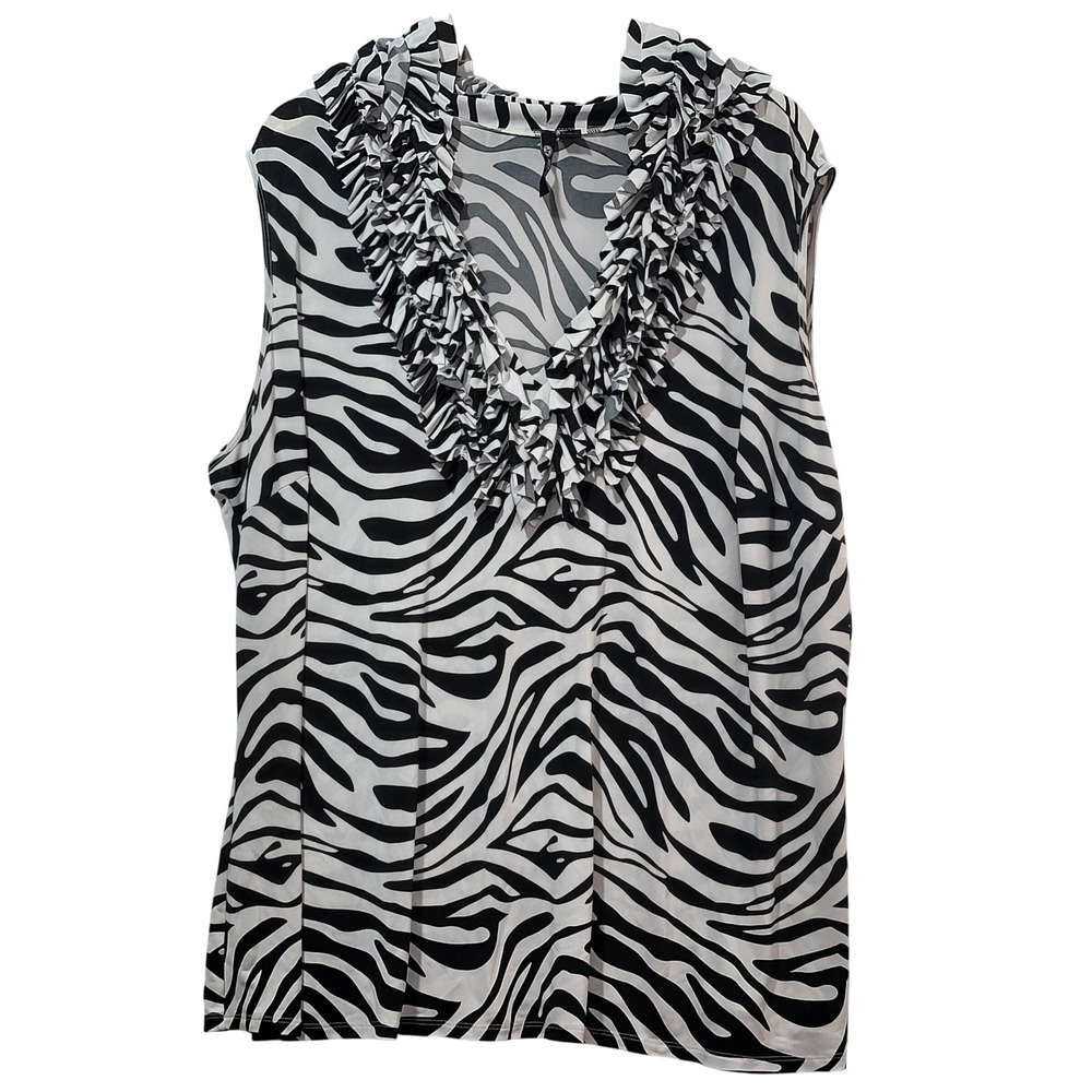Milano Woman Zebra Print Ruffle V-Neck‎ Sleeveless Blouse Top Black White 2X